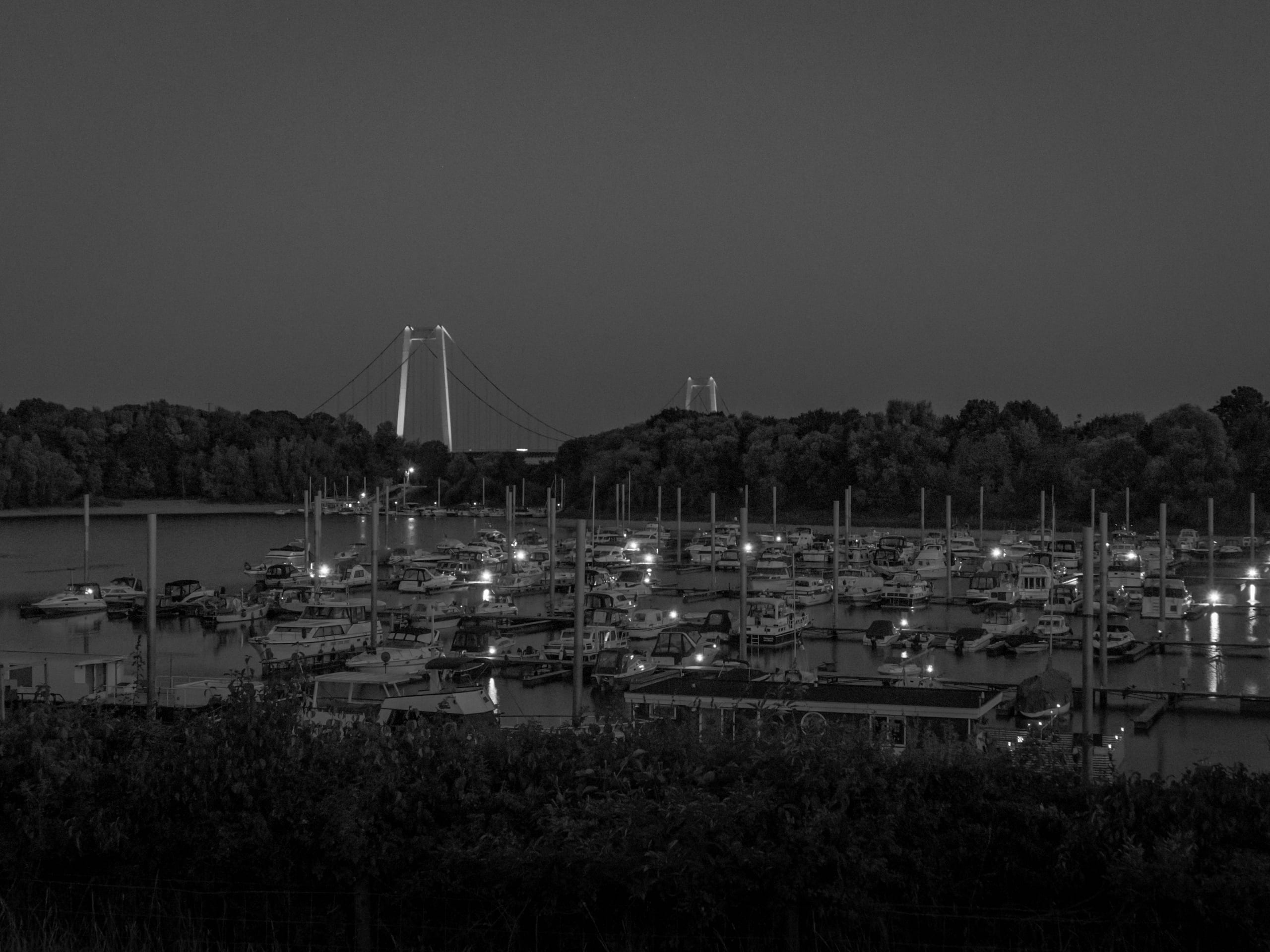 A marina and a bridge at night