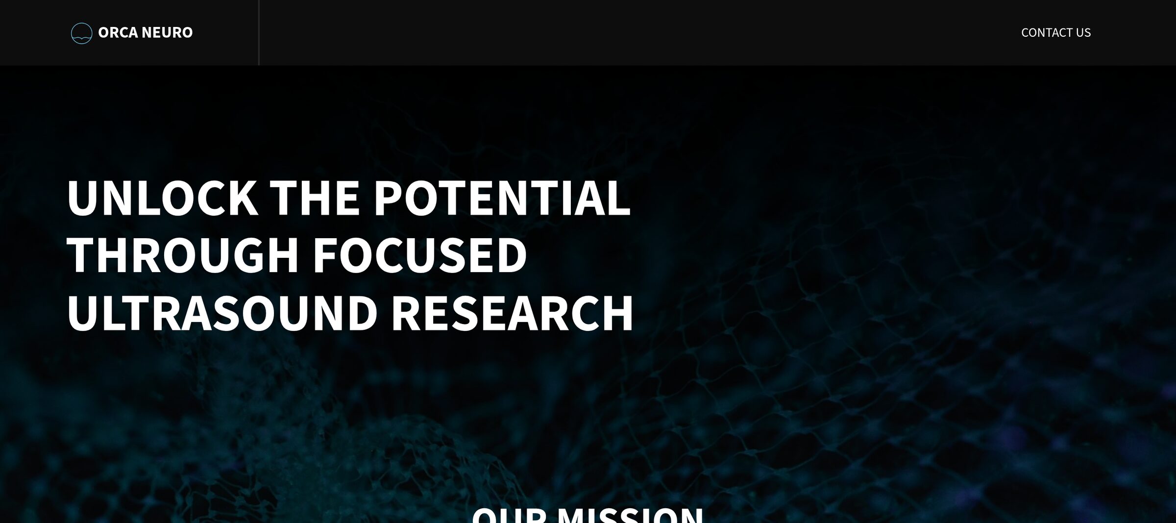 OrcaNeuro home page: “Unlock the potential through focused ultrasound research” on a dark mesh background